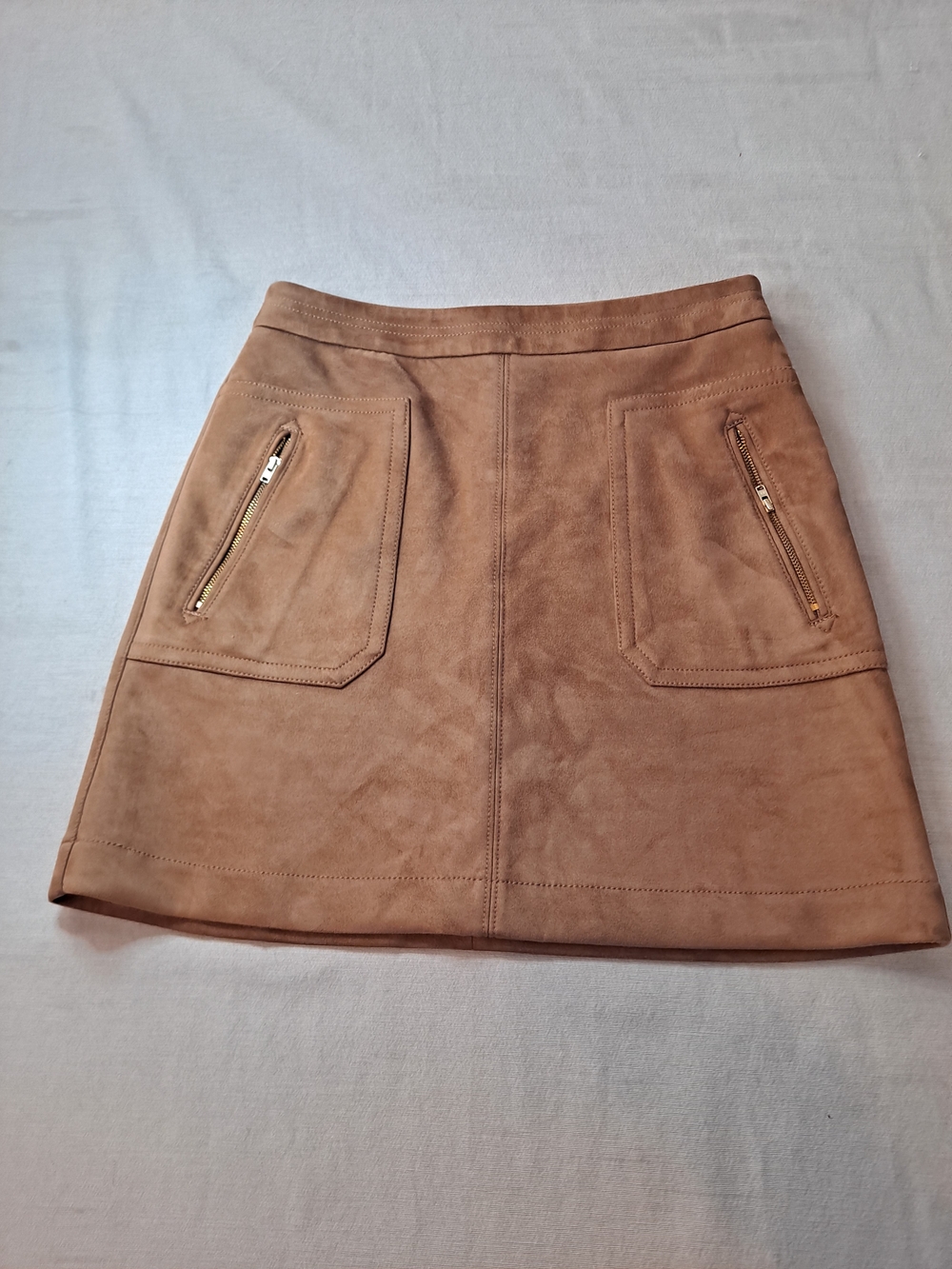 LOFT Tan Suede-Look Mini Skirt with Zip Pocket Details